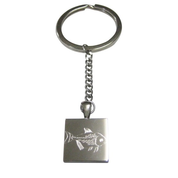 Silver Toned Square Etched Piranha Pirana Fish Pendant Keychain - Picture 1 of 2